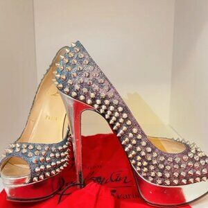 Christian Louboutin Silver Spike Lady Peep-Toe Platform Pumps ✨ Gently used